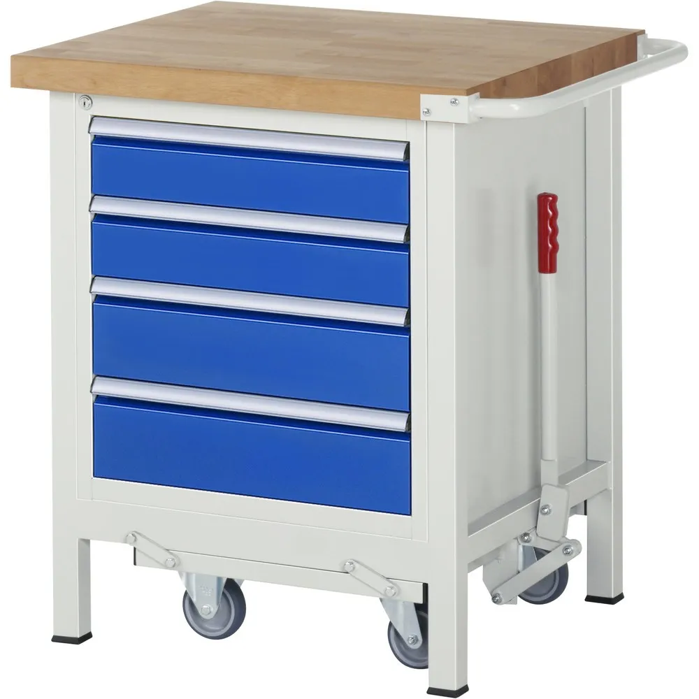 Banco de trabajo RAU serie 8000 con bastidor con ruedas abatible, 1 contenedor, HxAxF 880 x 750 x 700 mm, 4 cajones extraíbles a