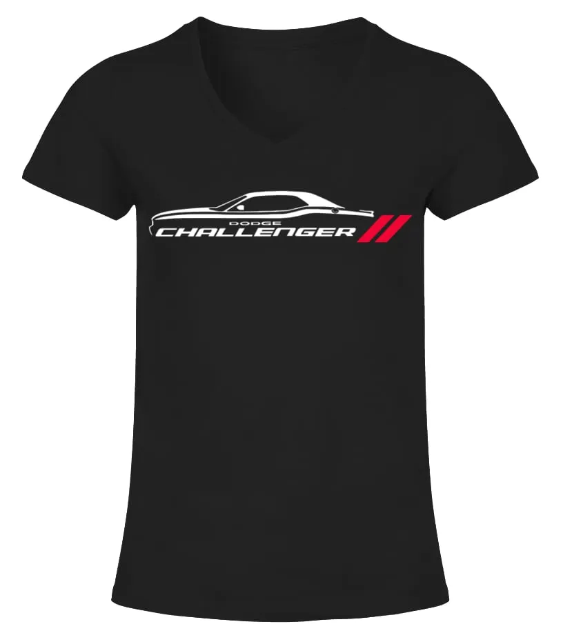 BK. DODGE CHALLENGER MUSCLE CAR AMERICAN FLAG 4TH JULY TSHIRT CAMISETA CUELLO PICO MUJER