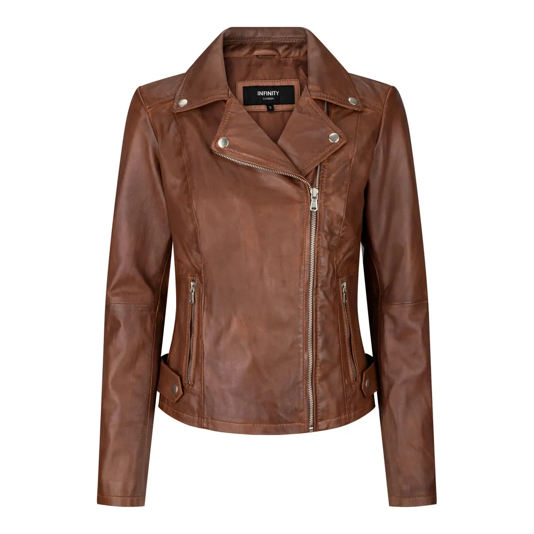 BRANDO 'Chaqueta de cuero de estilo motorista clásico en color marrón madera para mujer
