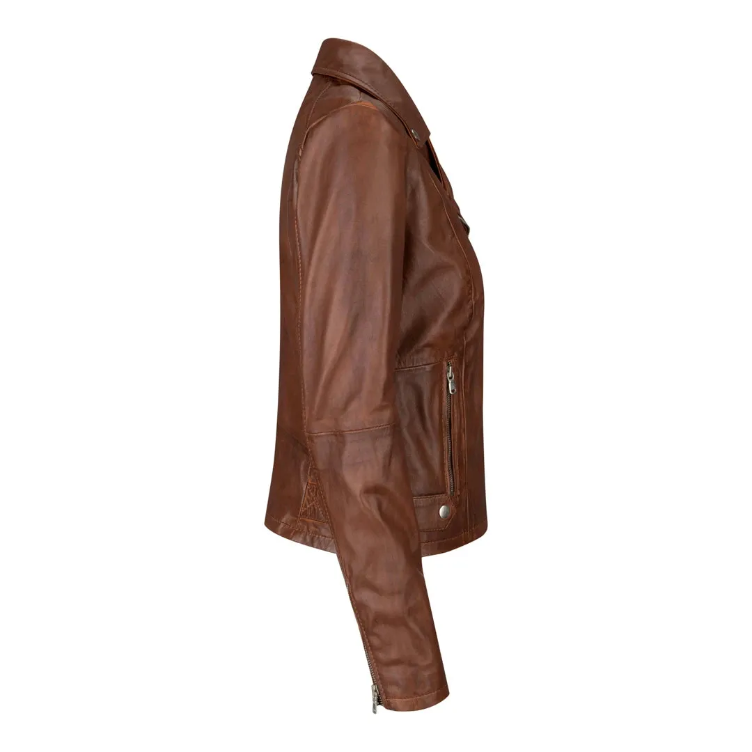 BRANDO 'Chaqueta de cuero de estilo motorista clásico en color marrón madera para mujer