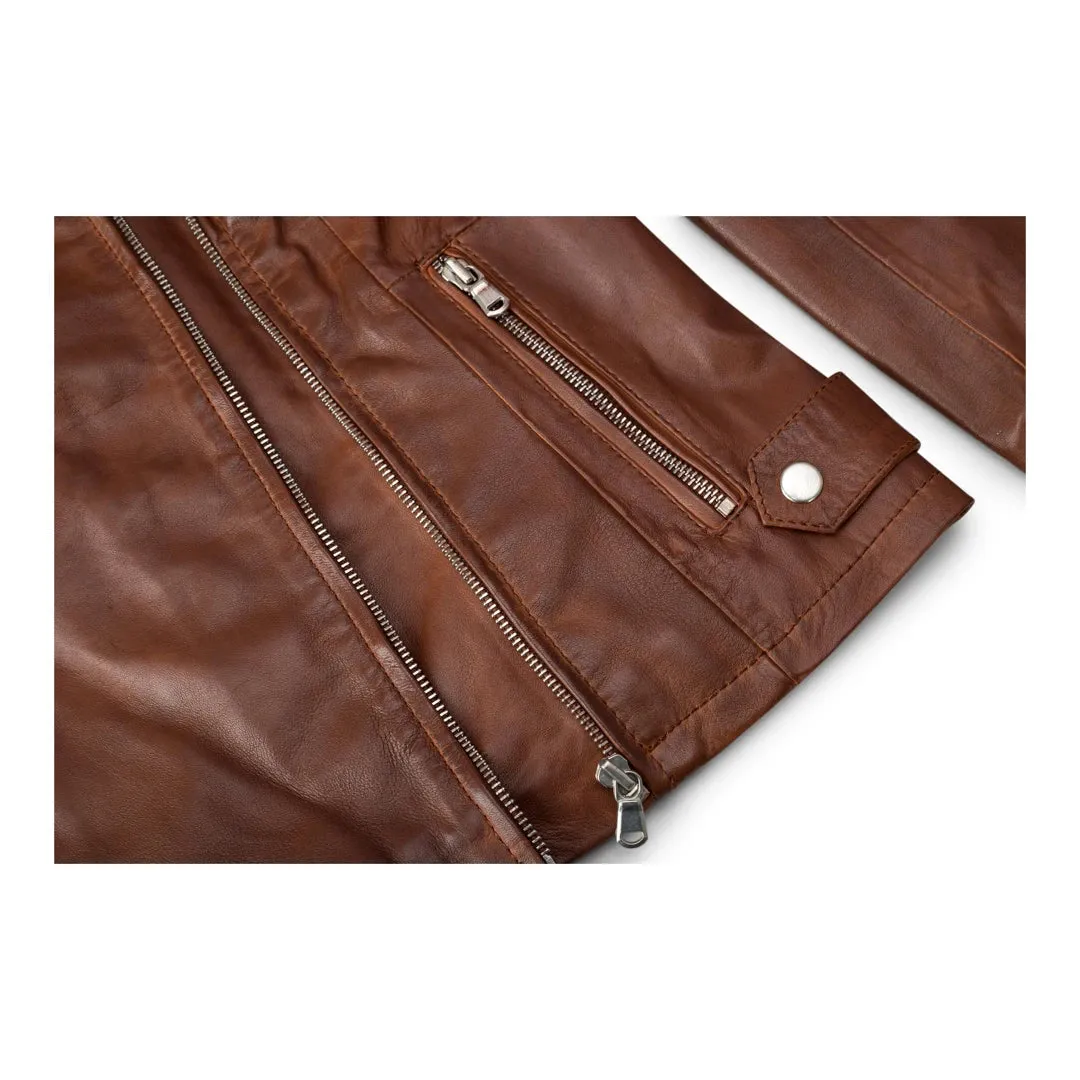 BRANDO 'Chaqueta de cuero de estilo motorista clásico en color marrón madera para mujer
