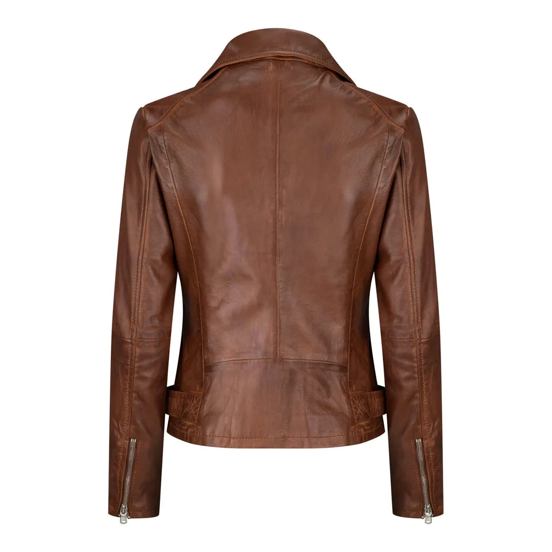 BRANDO 'Chaqueta de cuero de estilo motorista clásico en color marrón madera para mujer