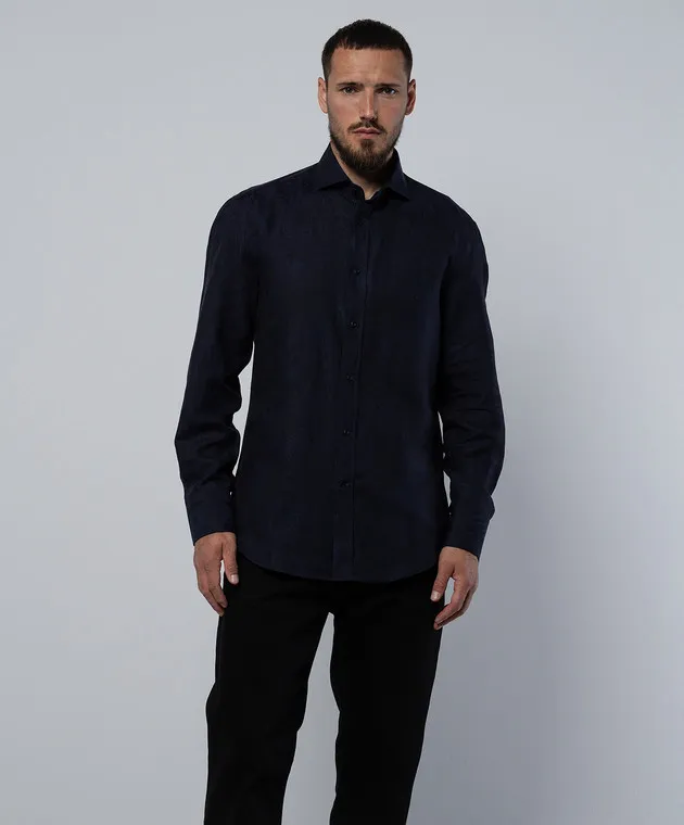 Brunello Cucinelli Blue jacquard shirt with linen