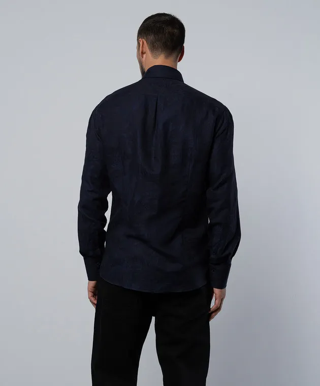 Brunello Cucinelli Blue jacquard shirt with linen