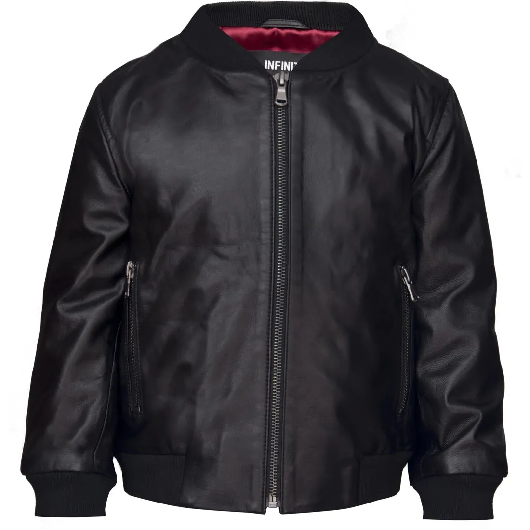 Chaqueta estilo bomber de cuero real unisex con cremallera Varsity en color Negro y Azul