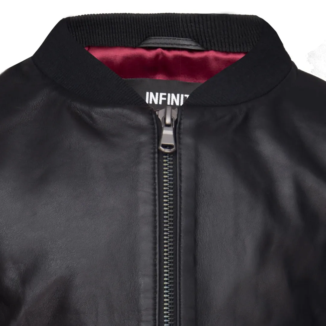 Chaqueta estilo bomber de cuero real unisex con cremallera Varsity en color Negro y Azul