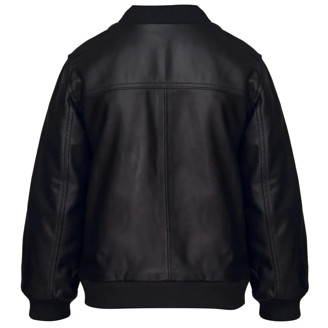Chaqueta estilo bomber de cuero real unisex con cremallera Varsity en color Negro y Azul