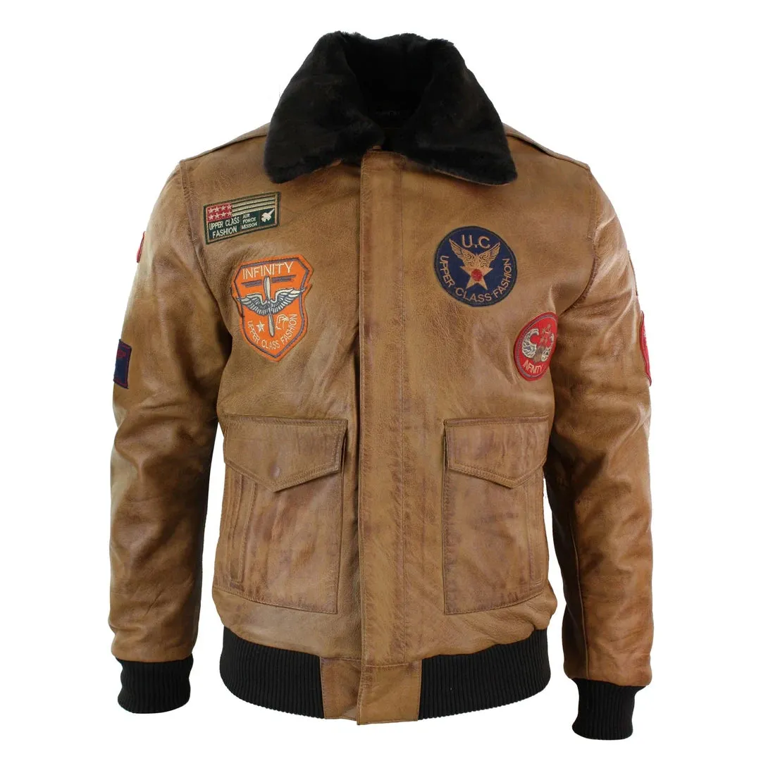 Chaqueta piloto de cuero para hombres de cuero Piloto de bombardero Tan marrón tostado insignia