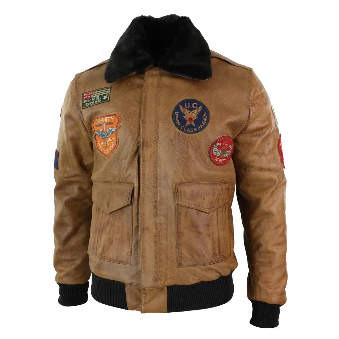 Chaqueta piloto de cuero para hombres de cuero Piloto de bombardero Tan marrón tostado insignia
