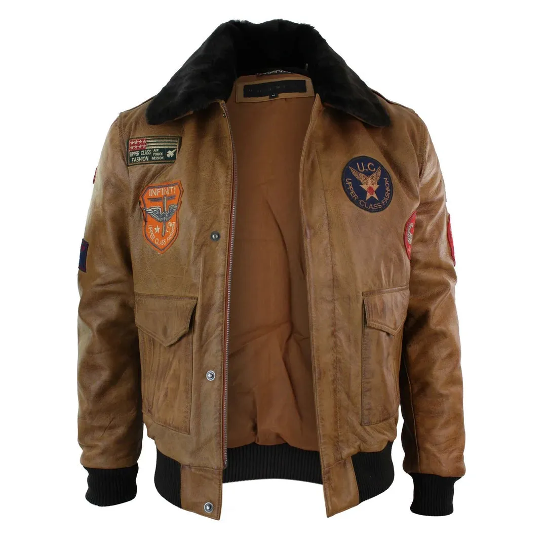 Chaqueta piloto de cuero para hombres de cuero Piloto de bombardero Tan marrón tostado insignia