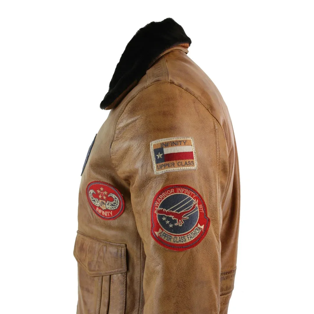 Chaqueta piloto de cuero para hombres de cuero Piloto de bombardero Tan marrón tostado insignia