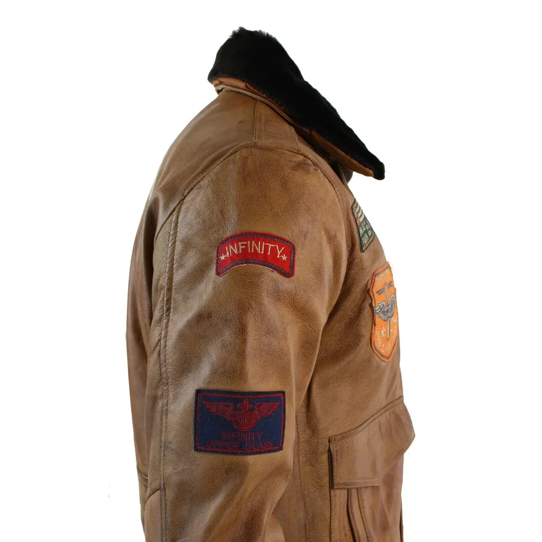 Chaqueta piloto de cuero para hombres de cuero Piloto de bombardero Tan marrón tostado insignia