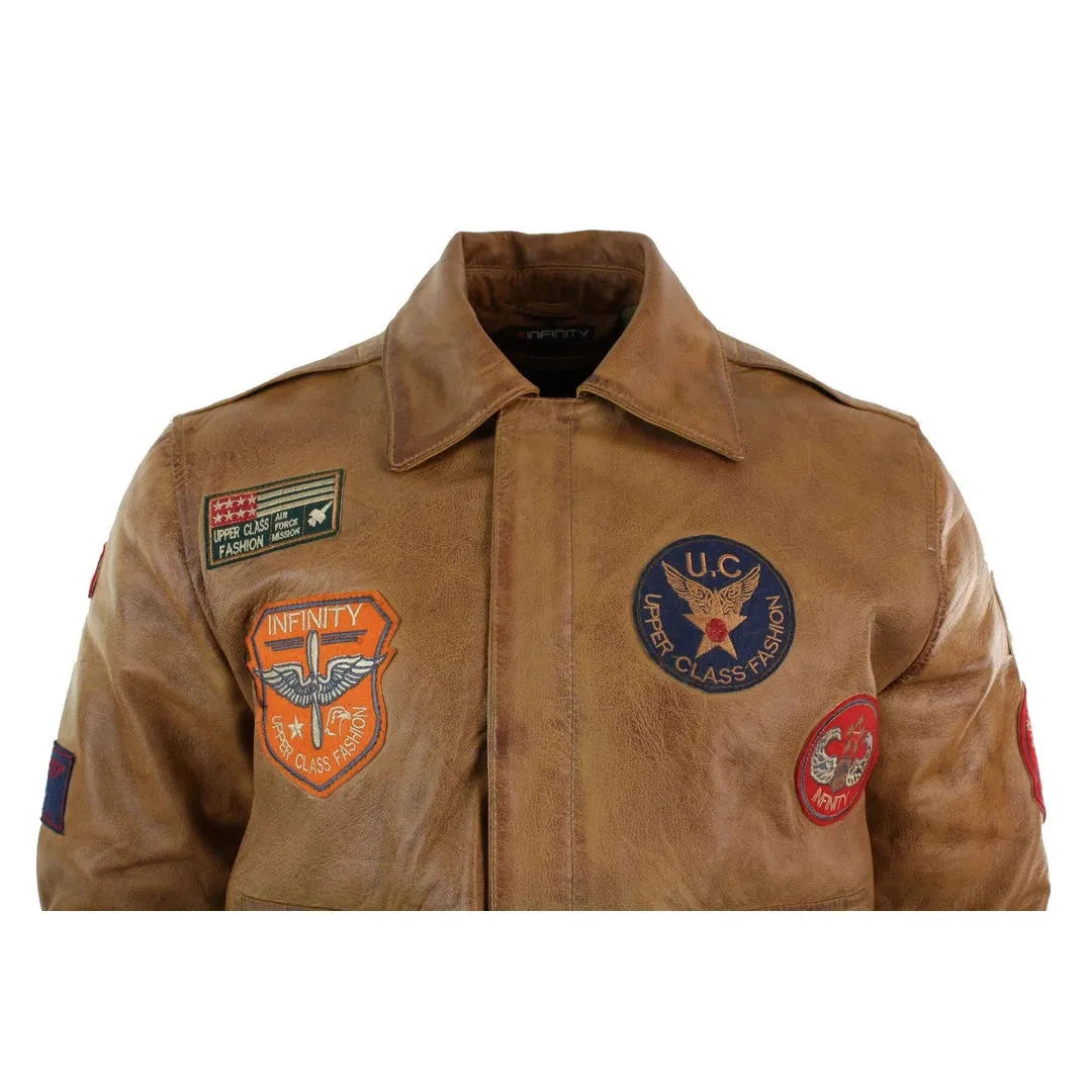 Chaqueta piloto de cuero para hombres de cuero Piloto de bombardero Tan marrón tostado insignia