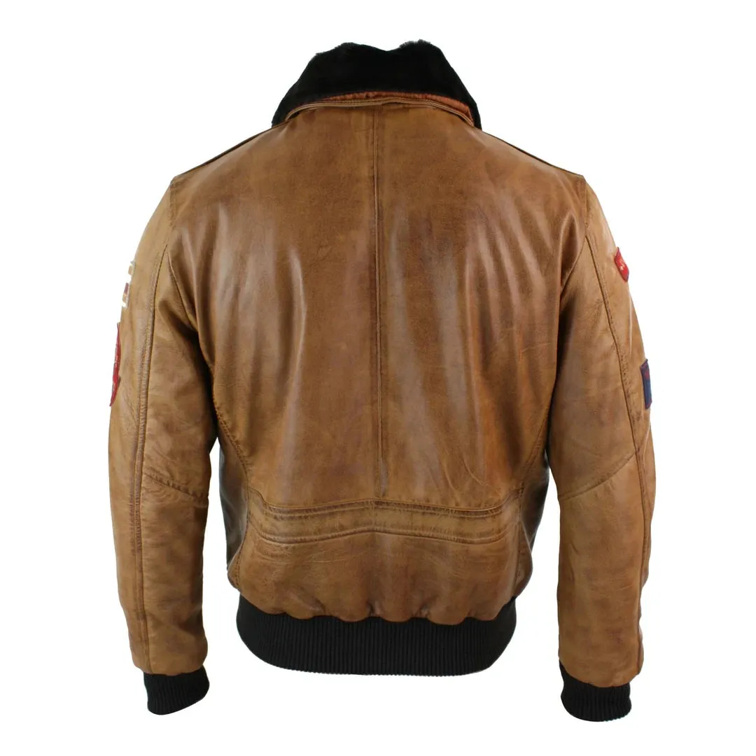 Chaqueta piloto de cuero para hombres de cuero Piloto de bombardero Tan marrón tostado insignia