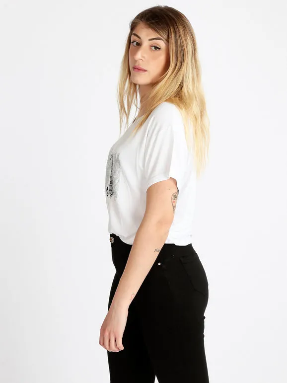 Coveri Moving Camiseta de manga corta con letras y pedrería