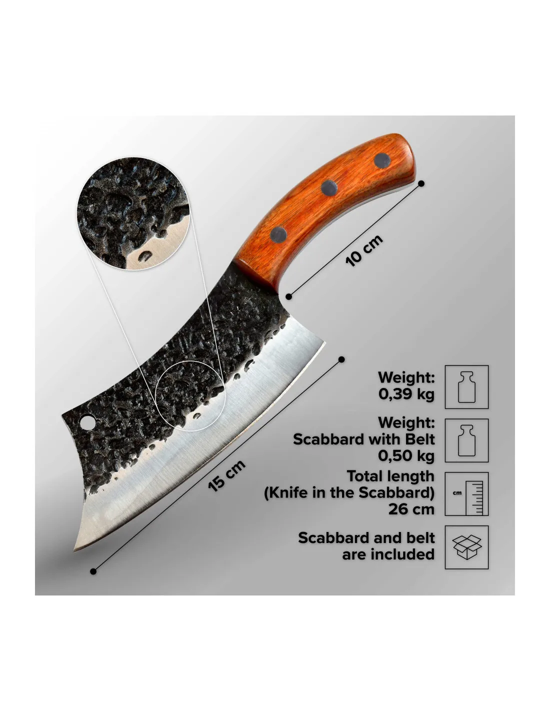 Cuchillo Carnicero Serbio con funda y correa, 26 cm.