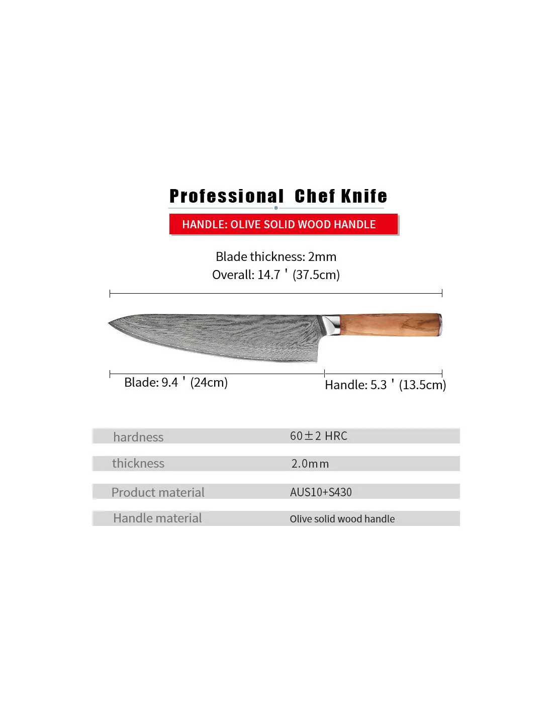 Cuchillo Cocina Chef Ha Teikoku, hoja Acero Damasco (37 cm.)