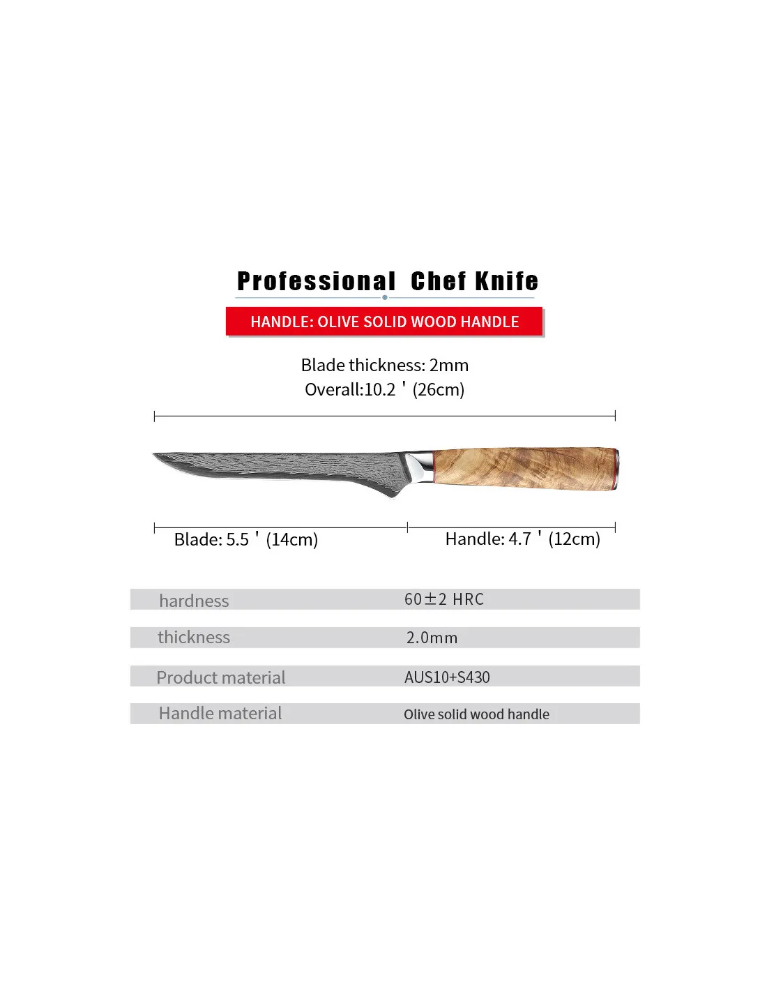 Cuchillo Cocina Deshuesador, Ha Teikoku, hoja Acero Damasco (25 cm.)