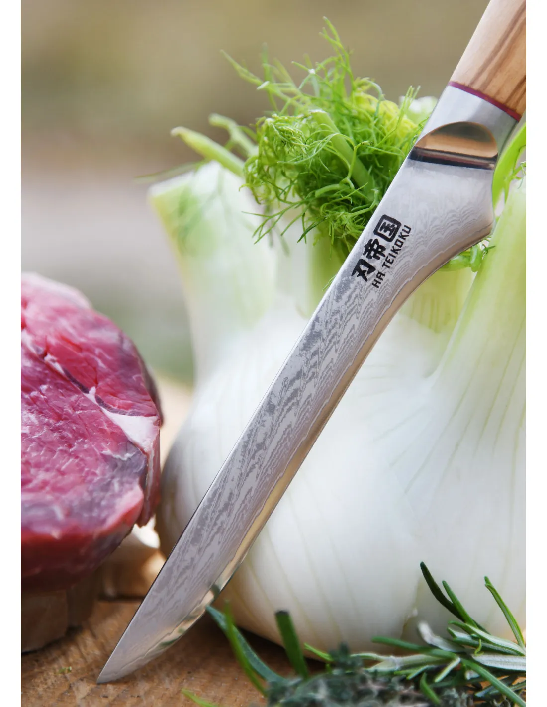 Cuchillo Cocina Deshuesador, Ha Teikoku, hoja Acero Damasco (25 cm.)