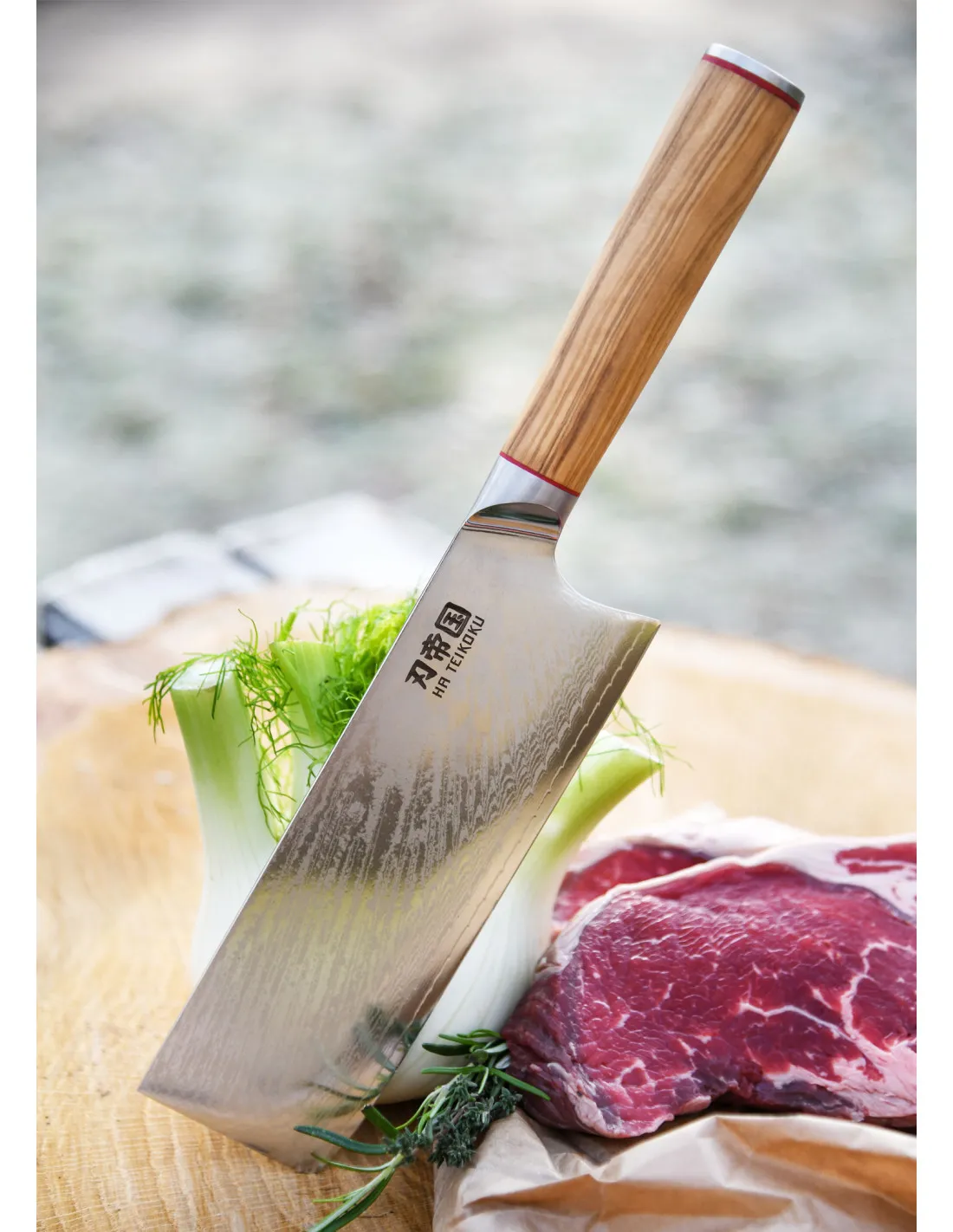 Cuchillo Cocina Macheta, Ha Teikoku, hoja Acero Damasco (32 cm.)