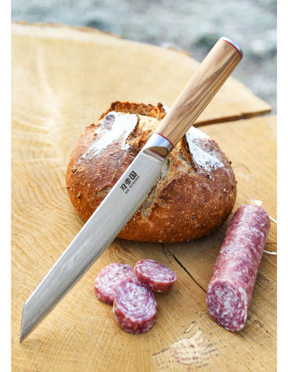 Cuchillo Cocina Rebanador Ha Teikoku, hoja Acero Damasco (33 cm.)