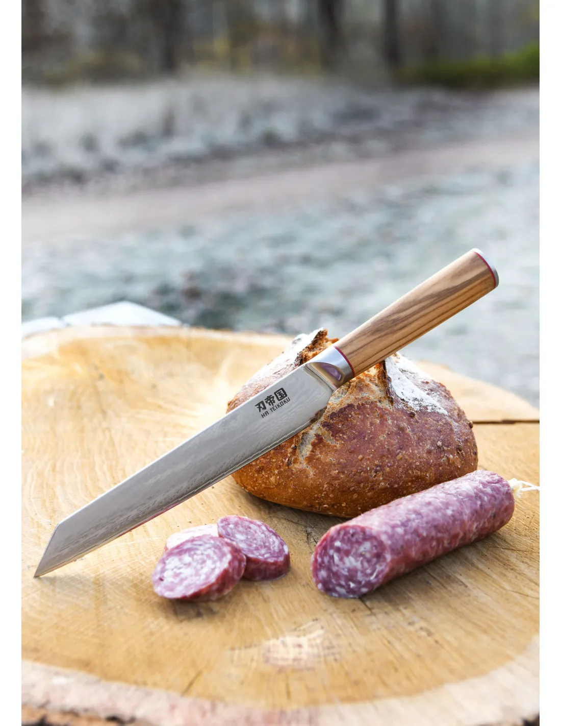 Cuchillo Cocina Rebanador Ha Teikoku, hoja Acero Damasco (33 cm.)