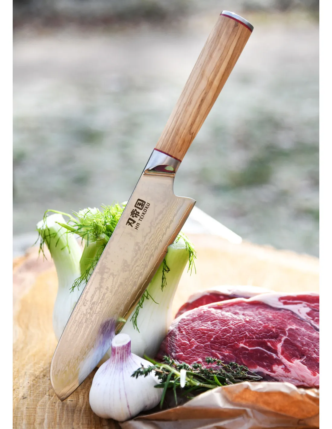 Cuchillo Cocina Santoku Ha Teikoku, hoja Acero Damasco (31,5 cm.)