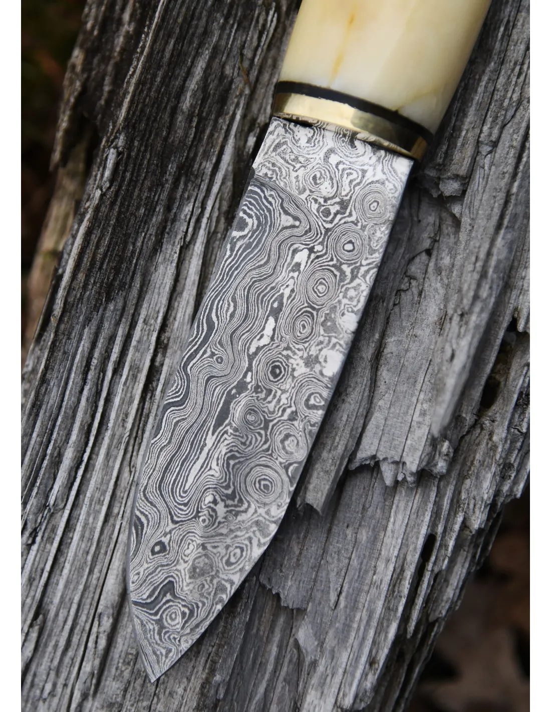Cuchillo hoja Damasco mango hueso con funda (22,5 cm.)