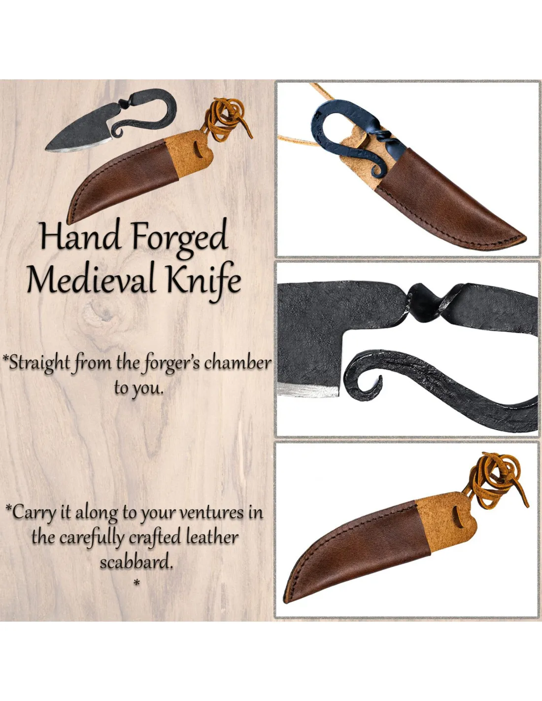 Cuchillo medieval en hierro forjado a mano (13,3 cm.)