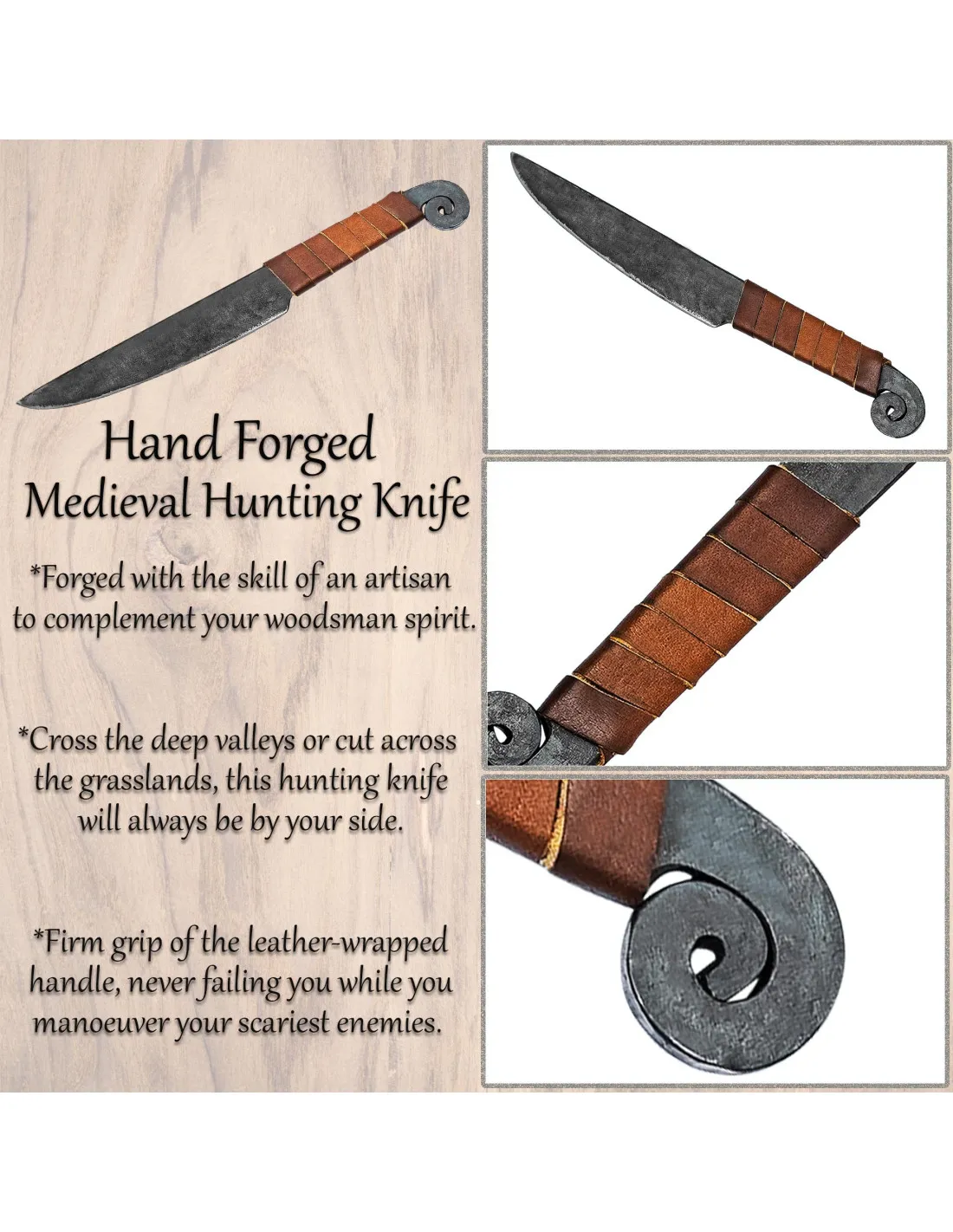 Cuchillo medieval espiral con empuñadura en cuero (29,8 cm.)