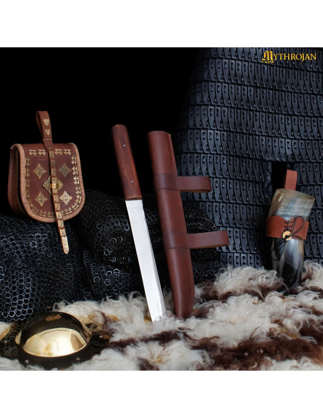 Cuchillo seax vikingo nórdico con funda marrón (45,7 cm.)