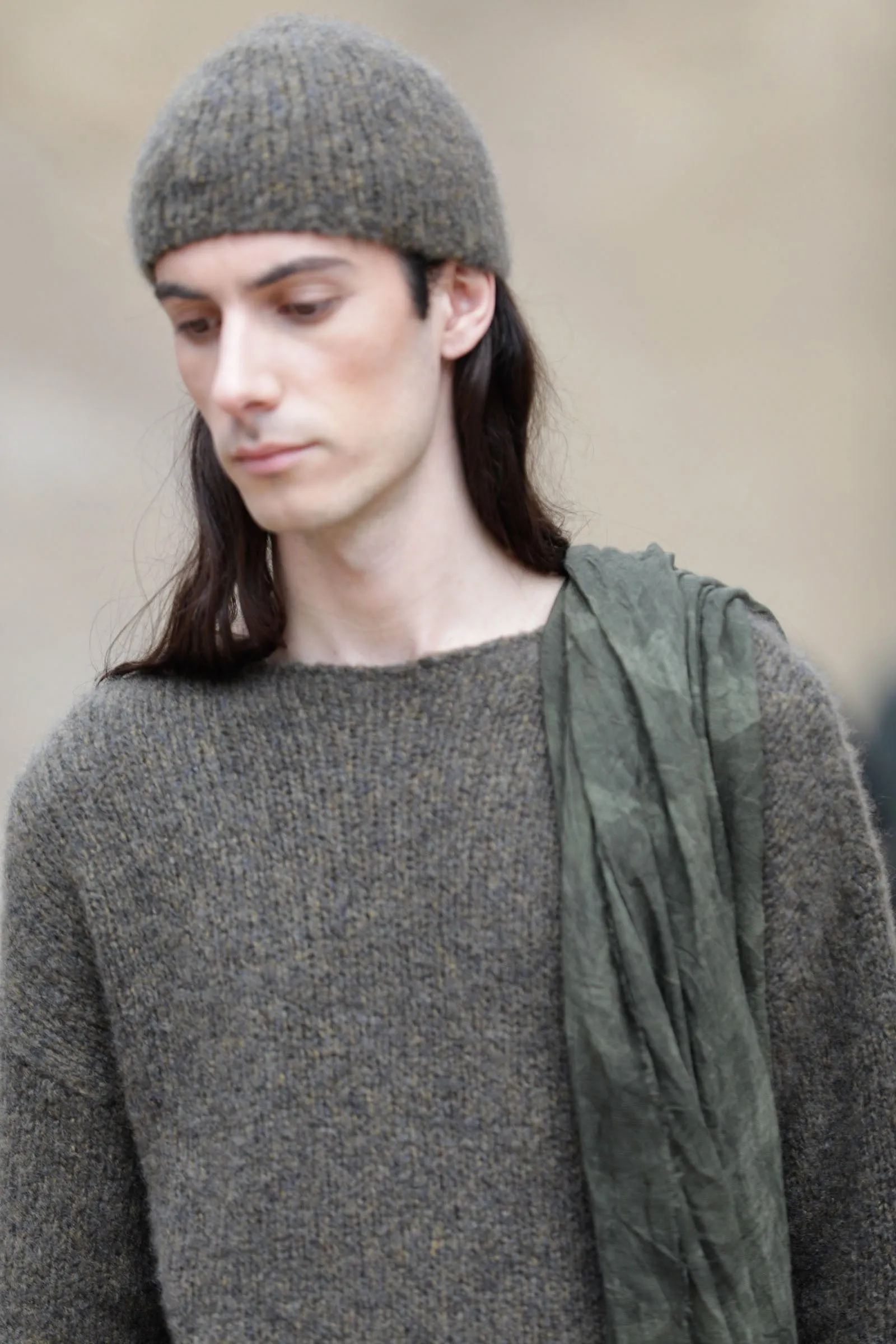 Dan, cashmere and silk green melange beanie