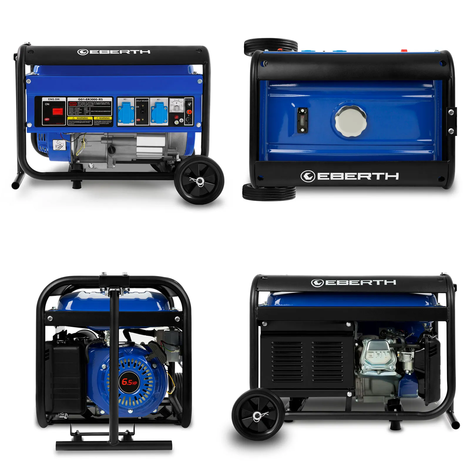 EBERTH Potente generador de energía con una potencia del motor de 6,5 hp / 4,8 kW y un chasis resistente