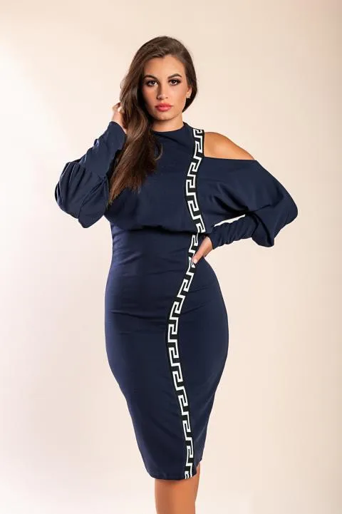 Elegante vestido midi con estampado geométrico, azul