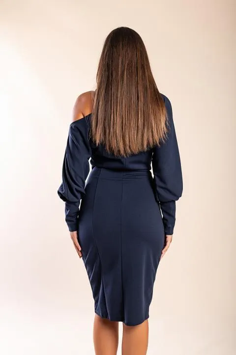 Elegante vestido midi con estampado geométrico, azul