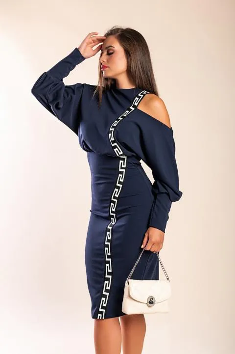 Elegante vestido midi con estampado geométrico, azul
