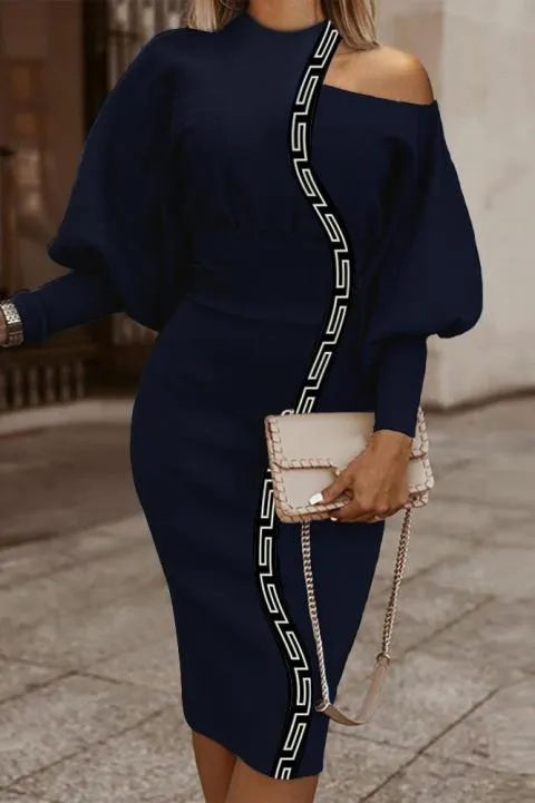 Elegante vestido midi con estampado geométrico, azul