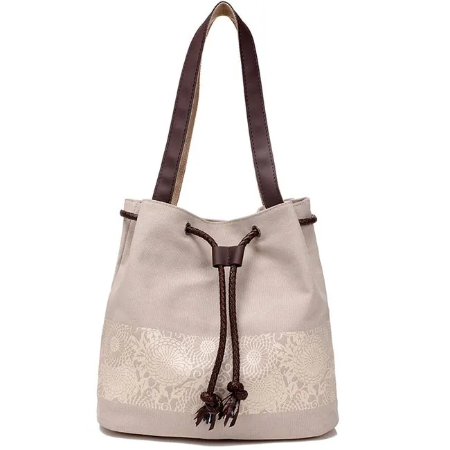 Folk Flowers Printing Draw String Shoulder Bag Shopping Girl's Canvas Handbag