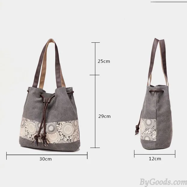 Folk Flowers Printing Draw String Shoulder Bag Shopping Girl's Canvas Handbag