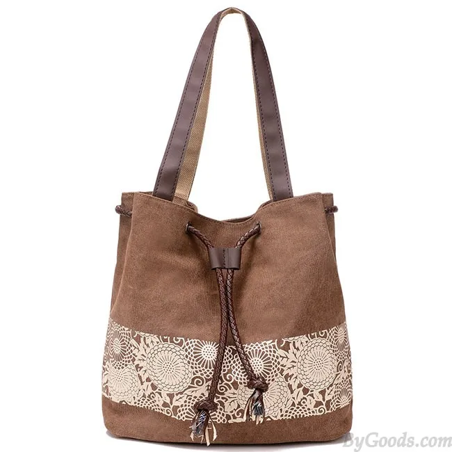 Folk Flowers Printing Draw String Shoulder Bag Shopping Girl's Canvas Handbag