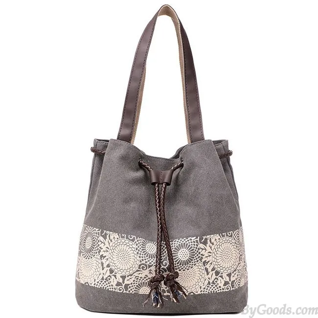 Folk Flowers Printing Draw String Shoulder Bag Shopping Girl's Canvas Handbag