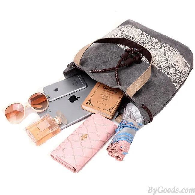 Folk Flowers Printing Draw String Shoulder Bag Shopping Girl's Canvas Handbag