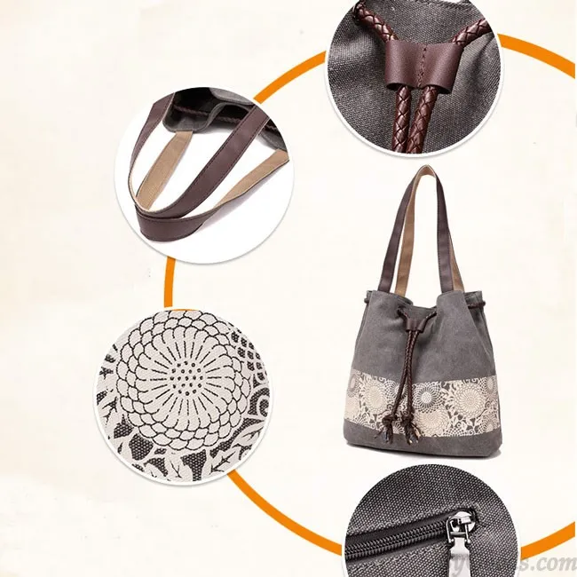 Folk Flowers Printing Draw String Shoulder Bag Shopping Girl's Canvas Handbag