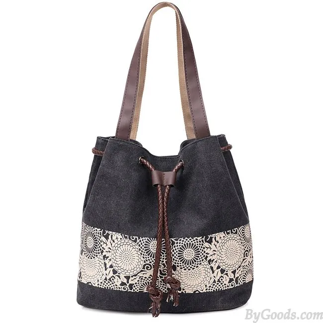 Folk Flowers Printing Draw String Shoulder Bag Shopping Girl's Canvas Handbag