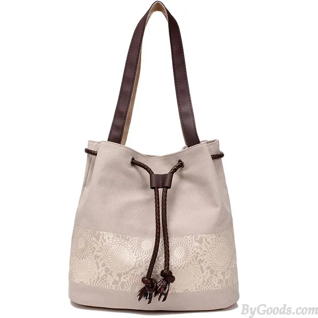 Folk Flowers Printing Draw String Shoulder Bag Shopping Girl's Canvas Handbag
