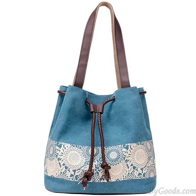 Folk Flowers Printing Draw String Shoulder Bag Shopping Girl's Canvas Handbag