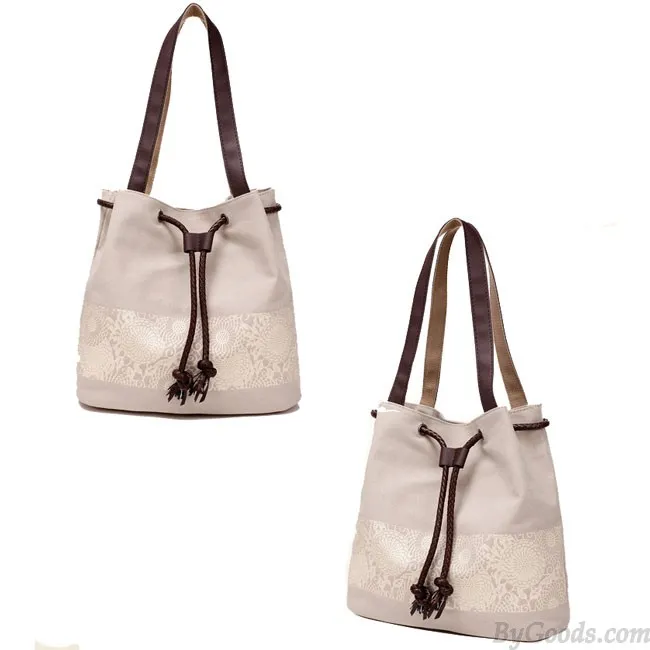 Folk Flowers Printing Draw String Shoulder Bag Shopping Girl's Canvas Handbag