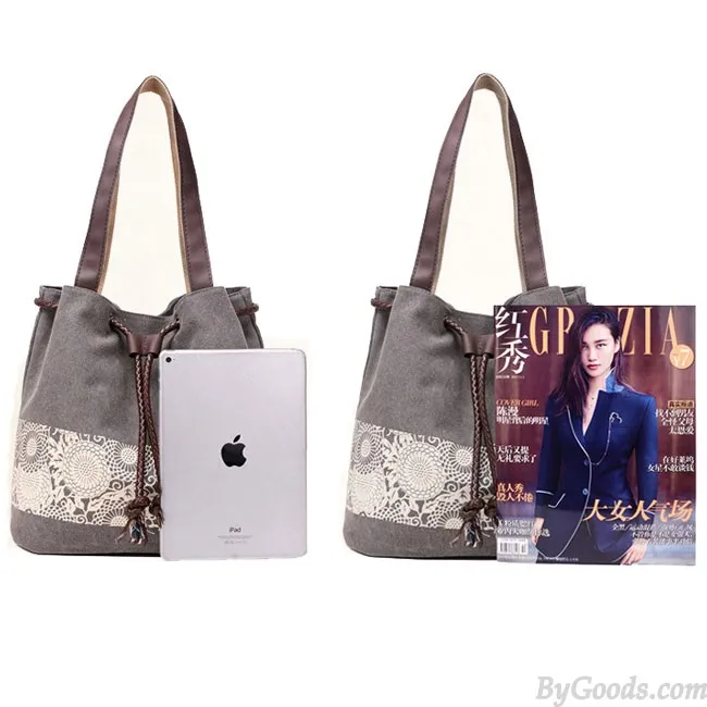 Folk Flowers Printing Draw String Shoulder Bag Shopping Girl's Canvas Handbag