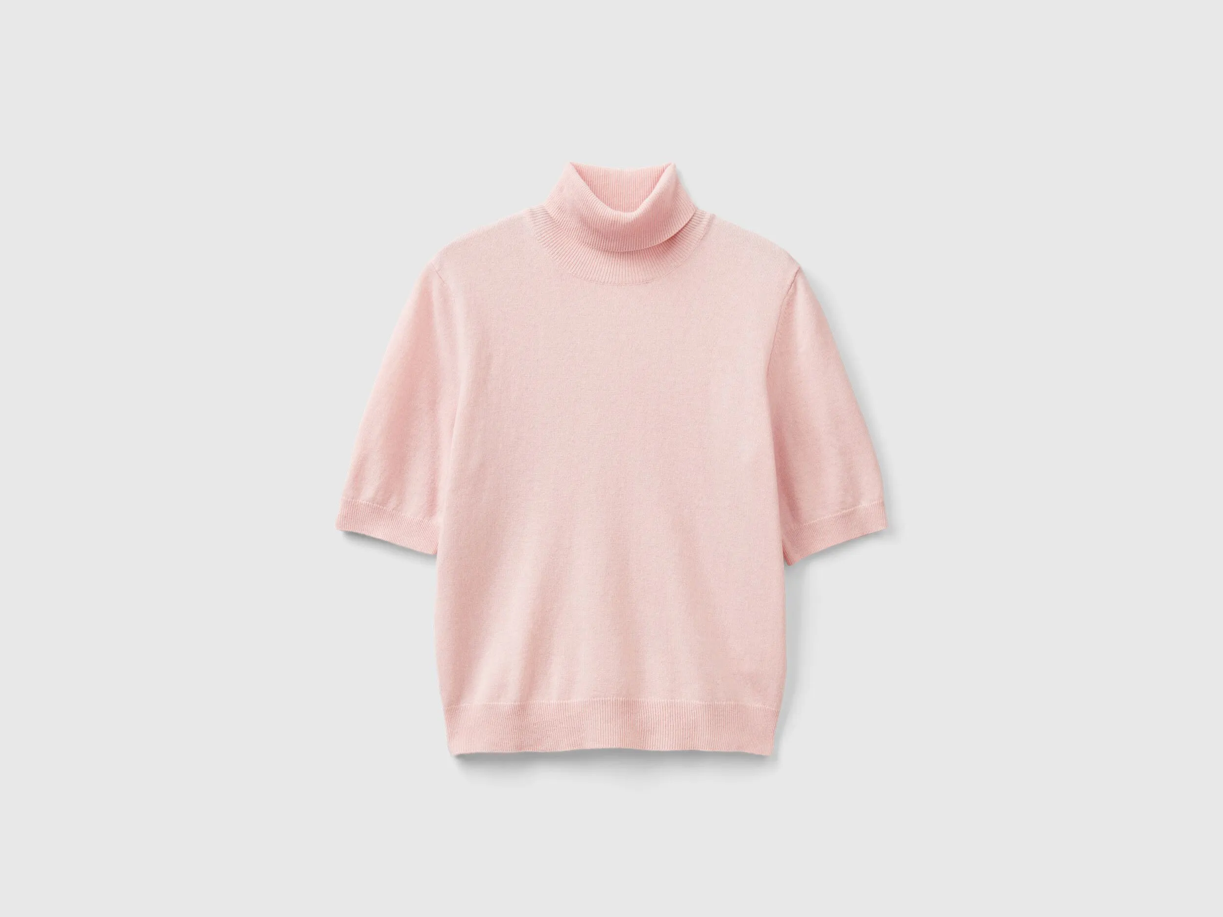 Jersey cuello alto rosa pastel de manga corta en mezcla de cachemira