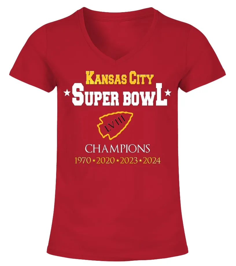 Kansas City Chiefs Super Bowl Champions 1970 2020 2023 2024 Camiseta cuello pico Mujer